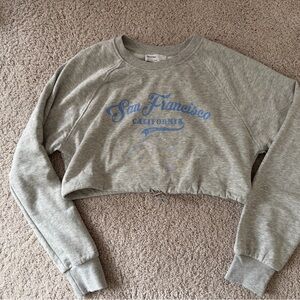 Bershka Gray Cropped Hoodie with Blue Graphic